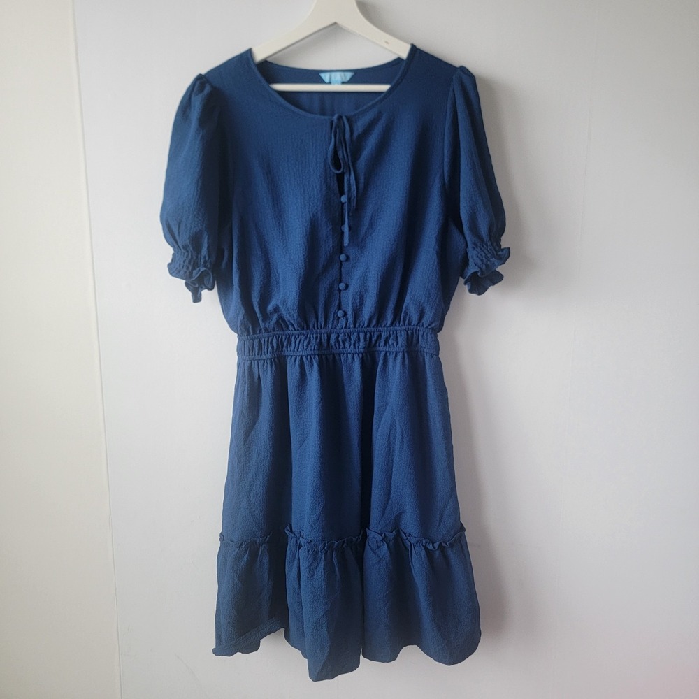 Draper James Women's Puff Sleeve Fit & Flare Mini Dress sz M Tiered hem pockets